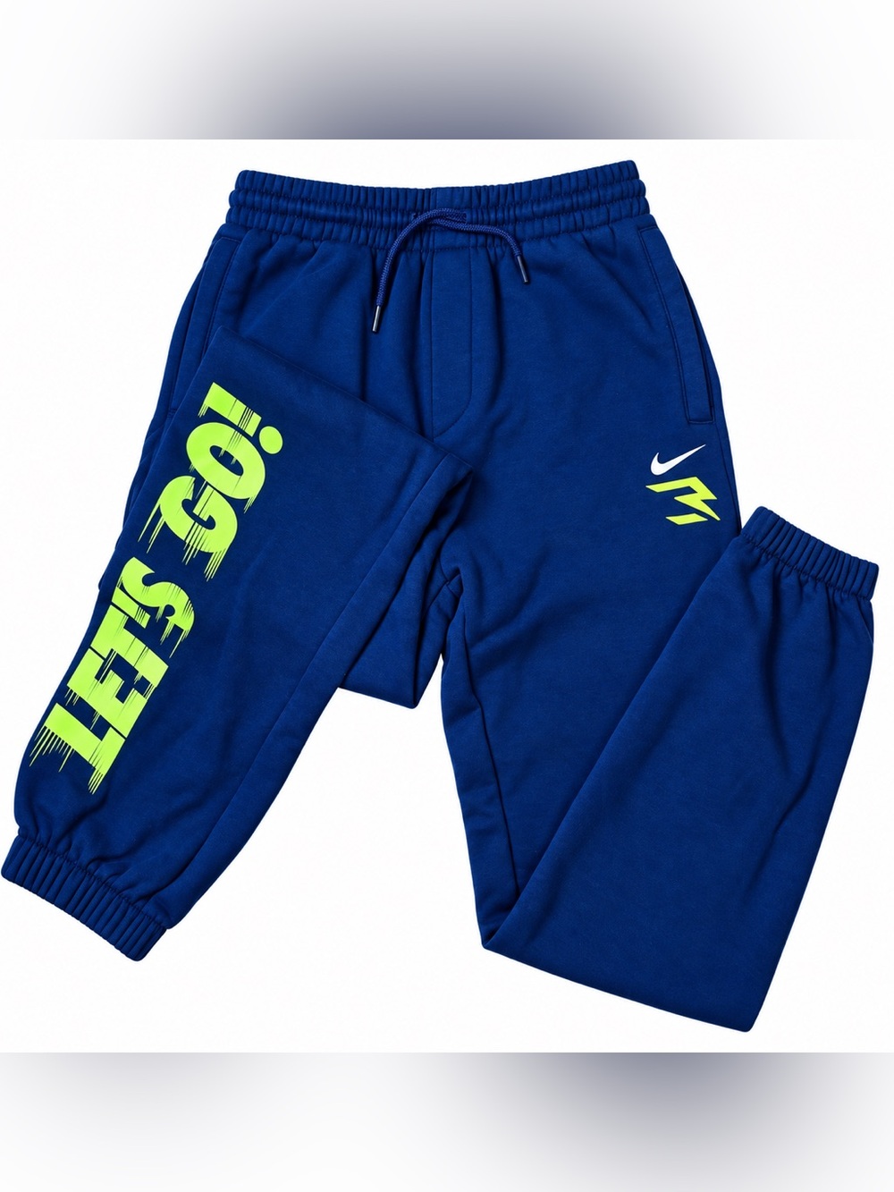 Nike Kids Blue Jogger Pants with Neon Green "LET'S GO!" Graphic
